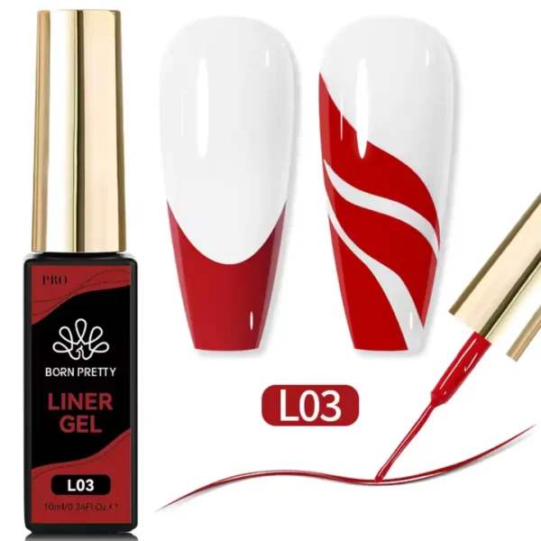 L03_resultat Flacon de Gel Liner Born Pretty Pro 10ml avec pinceau intégré ultra-fin, utilisé pour réaliser des tracés de haute précision sur ongles professionnels, Cosminty Réunion.