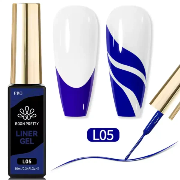 L05_resultat Flacon de Gel Liner Born Pretty Pro 10ml avec pinceau intégré ultra-fin, utilisé pour réaliser des tracés de haute précision sur ongles professionnels, Cosminty Réunion.