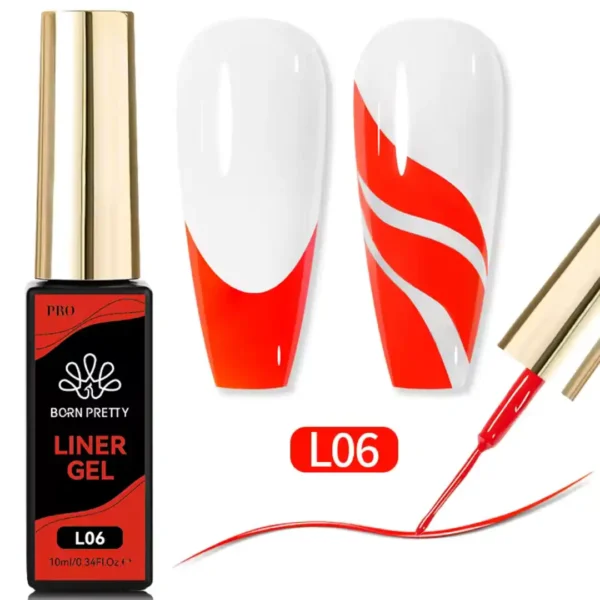 L06_resultat Flacon de Gel Liner Born Pretty Pro 10ml avec pinceau intégré ultra-fin, utilisé pour réaliser des tracés de haute précision sur ongles professionnels, Cosminty Réunion.