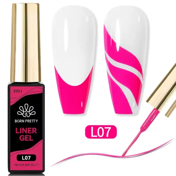 L07_resultat Flacon de Gel Liner Born Pretty Pro 10ml avec pinceau intégré ultra-fin, utilisé pour réaliser des tracés de haute précision sur ongles professionnels, Cosminty Réunion.