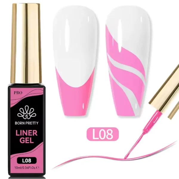 L08_resultat Flacon de Gel Liner Born Pretty Pro 10ml avec pinceau intégré ultra-fin, utilisé pour réaliser des tracés de haute précision sur ongles professionnels, Cosminty Réunion.