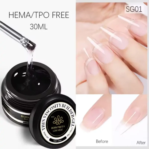 Pot de Builder Gel à viscosité fluide Born Pretty Pro 30ml, formule HEMA/TPO Free, idéal pour le renforcement et l'extension rapide des ongles, Cosminty Réunion.