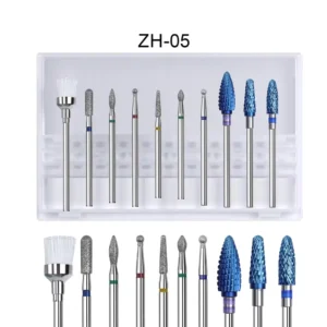 Kit professionnel de 10 embouts de ponceuse pour manucure russe référence ZH-05 présentés alignés dans leur boîte de rangement blanche, comprenant des fraises de dépose en carbure bleues, des embouts cuticules en diamant et un embout brosse blanc, Cosminty La Réunion.