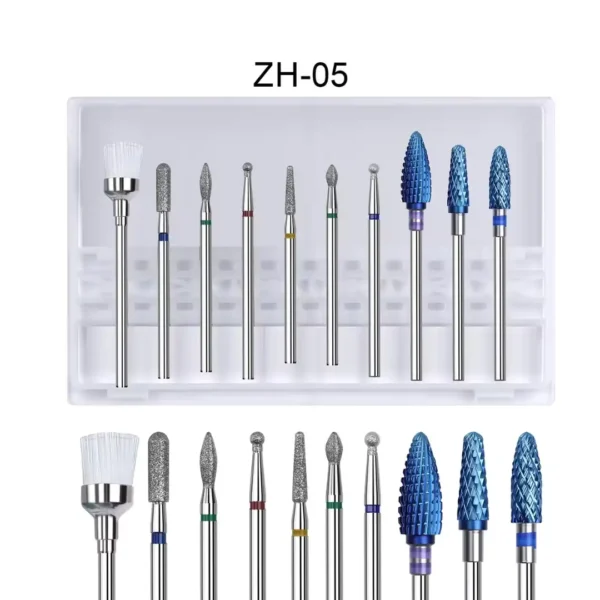 ZH 05_resultat Kit professionnel de 10 embouts de ponceuse pour manucure russe référence ZH-05 présentés alignés dans leur boîte de rangement blanche, comprenant des fraises de dépose en carbure bleues, des embouts cuticules en diamant et un embout brosse blanc, Cosminty La Réunion.