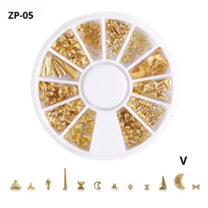 Carrousel de strass nail art modèle V bijoux d'ongles métalliques dorés géométriques lunes triangles coquillages avec aperçu des formes, Cosminty matériel onglerie La Réunion 974.