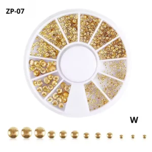 Carrousel de strass nail art modele W demi spheres metalliques dorees perles bombées de differentes tailles avec aperçu des diametres, Cosminty matériel onglerie La Réunion 974.
