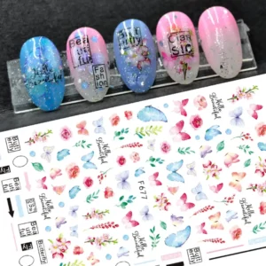 Planche de stickers autocollants nail art auto-adhésifs F677 papillons bleus et roses fleurs aquarelles avec exemples sur capsules, Cosminty matériel onglerie La Réunion 974.