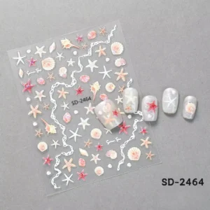 Planche de stickers autocollants 5D relief thème mer coquillages nacrés et étoiles de mer rose corail SD-2464 avec exemples sur capsules blanches nacrées, Cosminty matériel onglerie La Réunion 974.