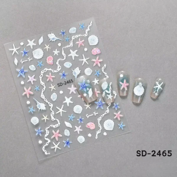 Planche de stickers autocollants 5D relief thème mer coquillages nacrés et étoiles de mer bleues et roses SD-2465 avec exemples sur capsules, Cosminty matériel onglerie La Réunion 974.