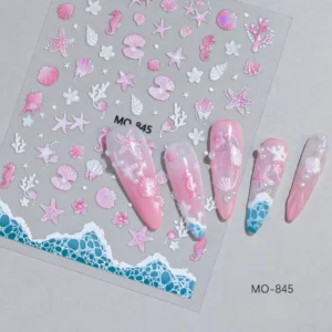 Planche de stickers autocollants 5D relief thème mer hippocampes roses coquillages avec perles et vagues turquoises MO-845 avec démonstration sur capsules, Cosminty matériel onglerie La Réunion 974.