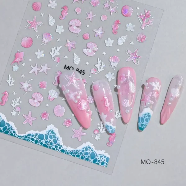Planche de stickers autocollants 5D relief thème mer hippocampes roses coquillages avec perles et vagues turquoises MO-845 avec démonstration sur capsules, Cosminty matériel onglerie La Réunion 974.