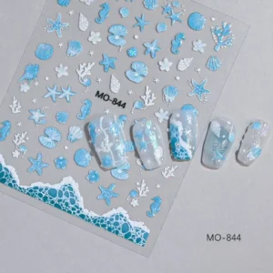 Planche de stickers autocollants 5D relief thème mer bleu lagon hippocampes coquillages et vagues turquoises MO-844 avec démonstration sur capsules blanches et bleues, Cosminty matériel onglerie La Réunion 974.