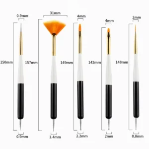 Set de 5 pinceaux nail art double embout bicolore noir et blanc avec dotting tools et dimensions des embouts liner eventail plat langue de chat, Cosminty matériel onglerie La Réunion 974.