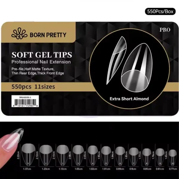 extra short almond_resultat Boîte de 550 capsules transparentes Soft Gel Tips BORN PRETTY forme amande extra courte Extra Short Almond avec guide des 11 tailles, Cosminty matériel onglerie La Réunion 974.