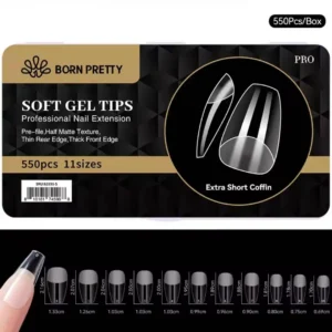 Boîte de 550 capsules transparentes Soft Gel Tips BORN PRETTY forme ballerine extra courte Extra Short Coffin avec guide des 11 tailles, Cosminty matériel onglerie La Réunion 974.
