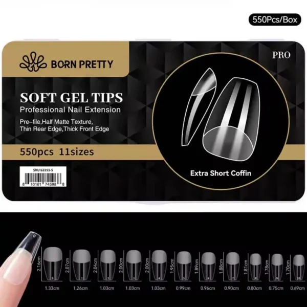 extra short coffin _resultat Boîte de 550 capsules transparentes Soft Gel Tips BORN PRETTY forme ballerine extra courte Extra Short Coffin avec guide des 11 tailles, Cosminty matériel onglerie La Réunion 974.