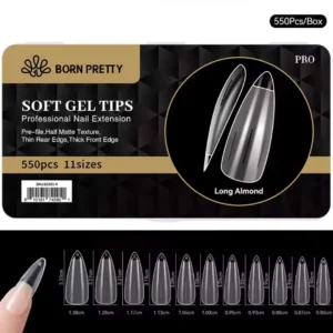 Boîte de 550 capsules transparentes Soft Gel Tips BORN PRETTY forme amande longue Long Almond avec guide des 11 tailles, Cosminty matériel onglerie La Réunion 974.