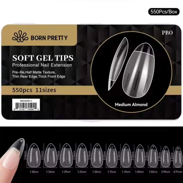 medium almond _resultat Boîte de 550 capsules transparentes Soft Gel Tips BORN PRETTY forme amande moyenne Medium Almond avec guide des 11 tailles, Cosminty matériel onglerie La Réunion 974.