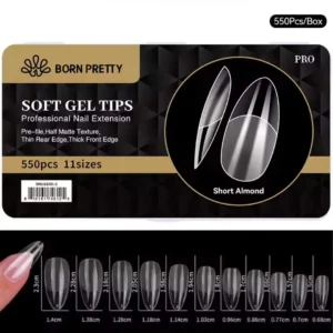 Boîte de 550 capsules transparentes Soft Gel Tips BORN PRETTY forme amande courte Short Almond avec guide des 11 tailles, Cosminty matériel onglerie La Réunion 974.