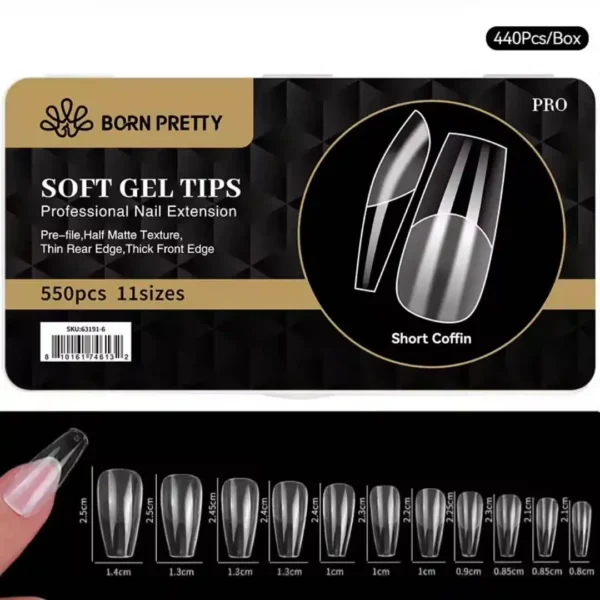 short coffin _resultat Boîte de 440 capsules transparentes Soft Gel Tips BORN PRETTY forme ballerine courte Short Coffin avec guide des 11 tailles, Cosminty matériel onglerie La Réunion 974.