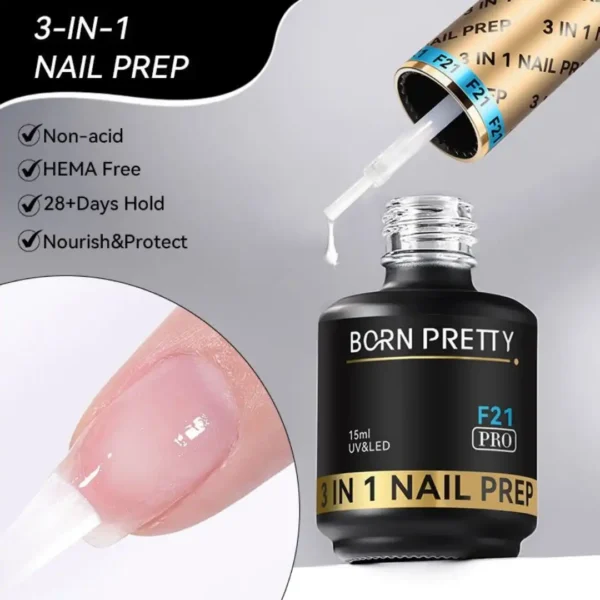 3-1 nail prep _resultat Flacon de 3-IN-1 Nail Prep Born Pretty PRO F21 15ml sans acide sans HEMA pour preparation et degraissage des ongles tenue 28 jours, Cosminty matériel onglerie La Réunion 974.