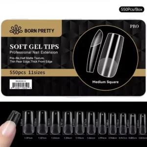 Boite de 550 capsules soft gel pose americaine Gel X Born Pretty PRO forme medium square carre moyen avec aperçu des 11 tailles et longueurs jusqu'à 3.05cm, Cosminty matériel onglerie La Réunion 974.