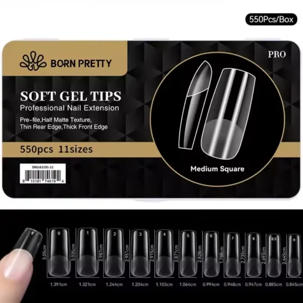 31_resultat Boite de 550 capsules soft gel pose americaine Gel X Born Pretty PRO forme medium square carre moyen avec aperçu des 11 tailles et longueurs jusqu'à 3.05cm, Cosminty matériel onglerie La Réunion 974.