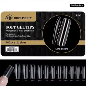 Boite de 440 capsules soft gel pose americaine Gel X Born Pretty PRO forme long square carre long avec aperçu des 11 tailles et longueurs jusqu'à 4.5cm, Cosminty matériel onglerie La Réunion 974.