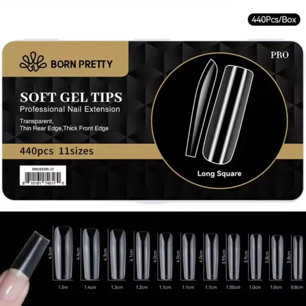 32_resultat Boite de 440 capsules soft gel pose americaine Gel X Born Pretty PRO forme long square carre long avec aperçu des 11 tailles et longueurs jusqu'à 4.5cm, Cosminty matériel onglerie La Réunion 974.
