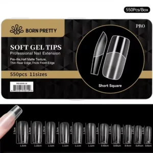 Boite de 550 capsules soft gel pose americaine Gel X Born Pretty PRO forme short square carre court avec aperçu des 11 tailles et longueurs jusqu'à 2.5cm, Cosminty matériel onglerie La Réunion 974.