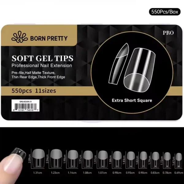 34_resultat Boite de 550 capsules soft gel pose americaine Gel X Born Pretty PRO forme extra short square carre extra court avec aperçu des 11 tailles et longueurs, Cosminty matériel onglerie La Réunion 974.