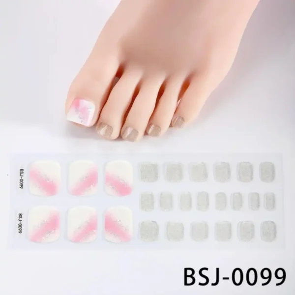 Gel nail wraps bandes de gel UV pour pieds motif blanc diagonale rose et paillettes argentées réf BSJ-0099, Cosminty matériel onglerie La Réunion 974.