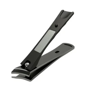 Coupe ongles biseaute ergonomique noir mat en acier inoxydable avec lame incurvee et lime integree, Cosminty materiel onglerie La Reunion 974.
