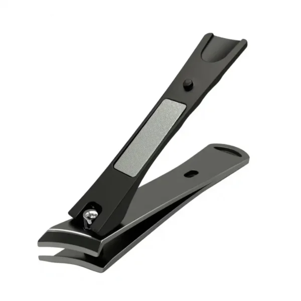 Coupe ongles biseaute ergonomique noir mat en acier inoxydable avec lame incurvee et lime integree, Cosminty materiel onglerie La Reunion 974.