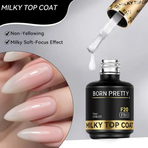 Flacon de Milky Top Coat Born Pretty PRO F20 15ml finition laitee semi-transparente effet soft-focus anti-jaunissement pour babyboomer et ongles laites, Cosminty matériel onglerie La Réunion 974.
