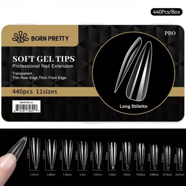 Long stiletto_resultat Boite de 440 capsules soft gel pose americaine Gel X Born Pretty PRO forme long stiletto long pointe aceree avec details des 11 tailles et longueurs jusqu'à 4.45cm, Cosminty matériel onglerie La Réunion 974.