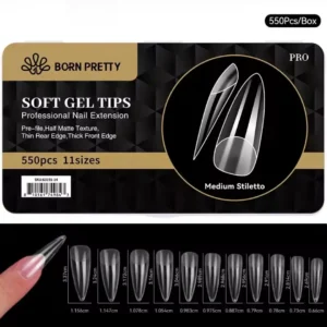 Boite de 550 capsules soft gel pose americaine Gel X Born Pretty PRO forme medium stiletto moyen pointe effilee avec aperçu des 11 tailles et longueurs jusqu'à 3.37cm, Cosminty matériel onglerie La Réunion 974.