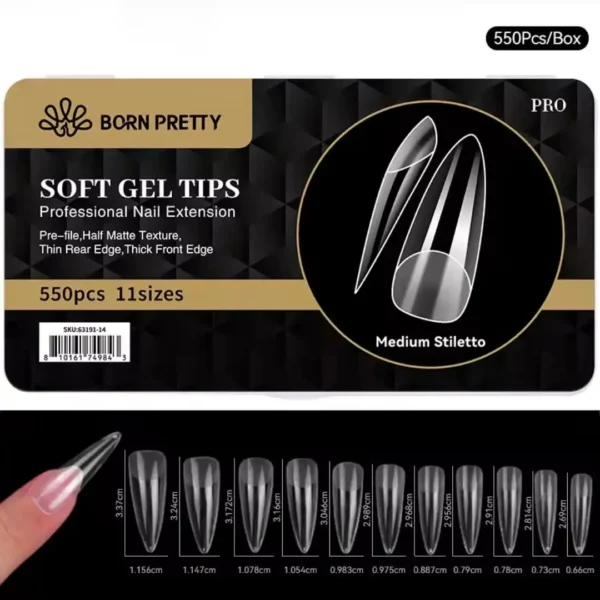 Medium Stiletto_resultat Boite de 550 capsules soft gel pose americaine Gel X Born Pretty PRO forme medium stiletto moyen pointe effilee avec aperçu des 11 tailles et longueurs jusqu'à 3.37cm, Cosminty matériel onglerie La Réunion 974.