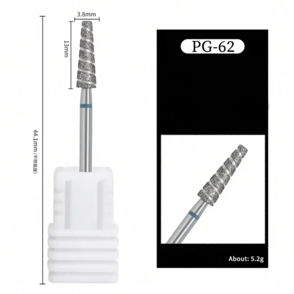 Embout ponceuse diamant cone vrille PG-62 grain moyen bague bleue pour nettoyage des cuticules dures et lissage des replis manucure russe, Cosminty materiel onglerie La Reunion 974.