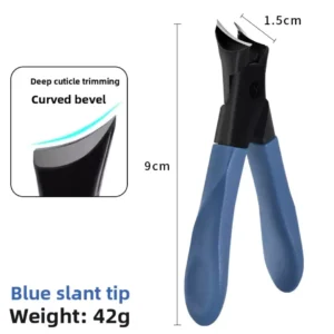 Pince coupe-cuticules biseautée courbée 9cm avec manche ergonomique bleu et lame de 1,5cm, Cosminty matériel onglerie La Réunion 974.