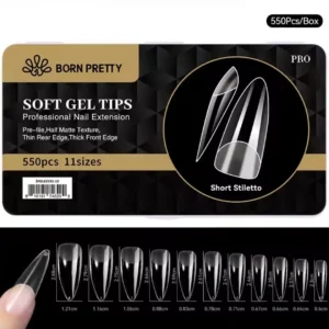 Boite de 550 capsules soft gel pose americaine Gel X Born Pretty PRO forme short stiletto court pointe effilee avec aperçu des 11 tailles et longueurs jusqu'à 2.88cm, Cosminty matériel onglerie La Réunion 974.