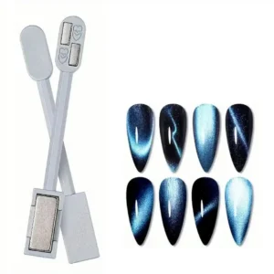 Batonnet aimant double embout pour vernis cat eye avec grand aimant rectangulaire et embout multi-blocs pour motifs effets vagues et lignes bleues sur ongles, Cosminty matériel onglerie La Réunion 974.