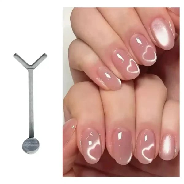 coeur_resultat Guide metallique en forme de Y a fixer sur aimant cylindrique pour creer un motif coeur lumineux sur vernis cat eye rose, Cosminty matériel onglerie La Réunion 974.