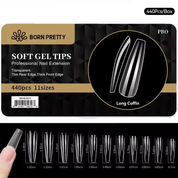 long coffin_resultat Boite de 440 capsules soft gel pose americaine Gel X Born Pretty PRO forme long coffin ballerine longue avec details des 11 tailles et longueurs jusqu'à 4.48cm, Cosminty matériel onglerie La Réunion 974.