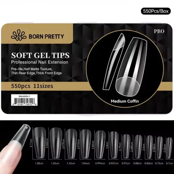 medium coffin_resultat Boite de 550 capsules soft gel pose americaine Gel X Born Pretty PRO forme medium coffin ballerine moyenne avec details des 11 tailles et longueurs, Cosminty matériel onglerie La Réunion 974.